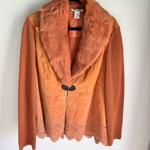 Vintage Orange Suede Jacket with fur collar and knit contrast in Large by Nygard